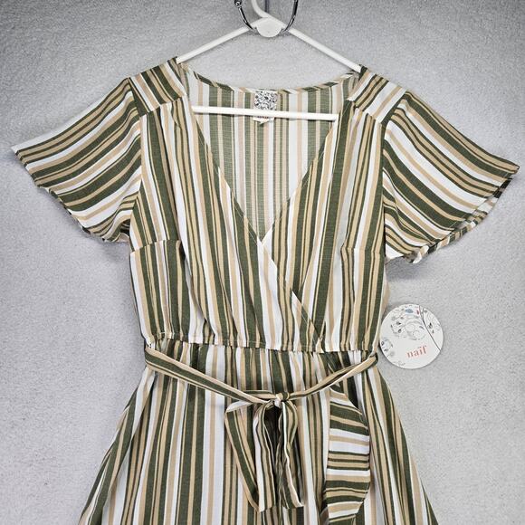 Naif Wrap Mini Dress Womens Medium V Neck Tie Waist Flounce Hem Stripped New - Picture 4 of 10